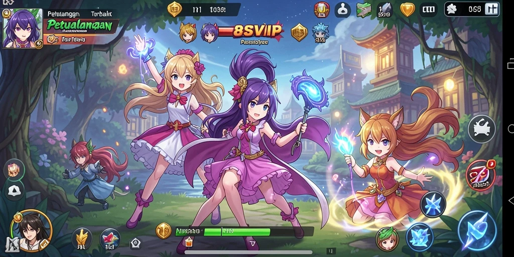 Screenshot gameplay 8SVIP dengan karakter anime beraksi dalam pertempuran.