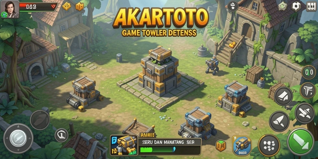 Screenshot gameplay AKARTOTO dengan aksi menara pertahanan yang mendebarkan.