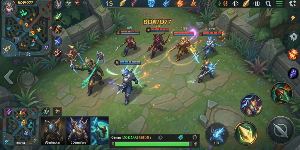 Screenshot gameplay BOWO77 yang menunjukkan pertarungan tim.