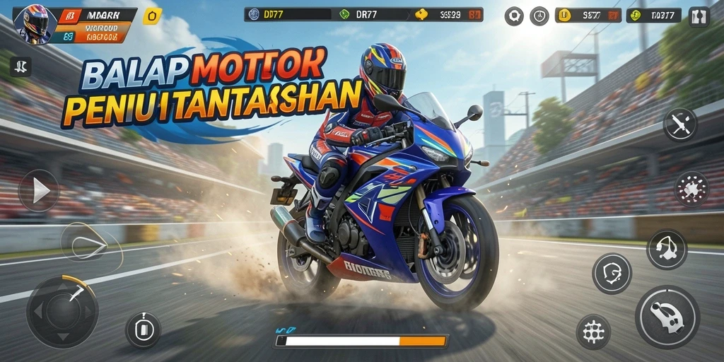 Screenshot menunjukkan aksi balap motor yang mendebarkan dalam IDR77.