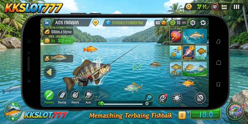 Tampilan gameplay KKSLOT777 menunjukkan aksi memancing seru dan beragam ikan.