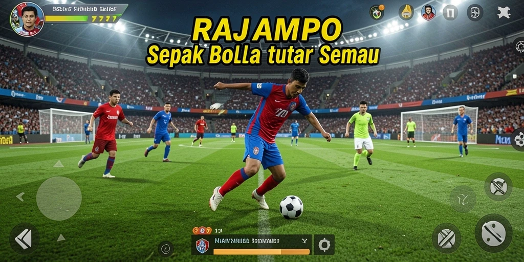 Tampilan gameplay seru dalam RAJAMPO dengan aksi sepak bola yang intens.
