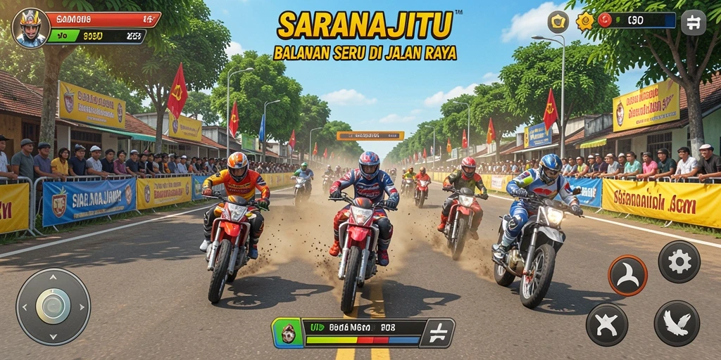 Screenshot utama menampilkan aksi balapan yang mendebarkan di SARANAJITU.